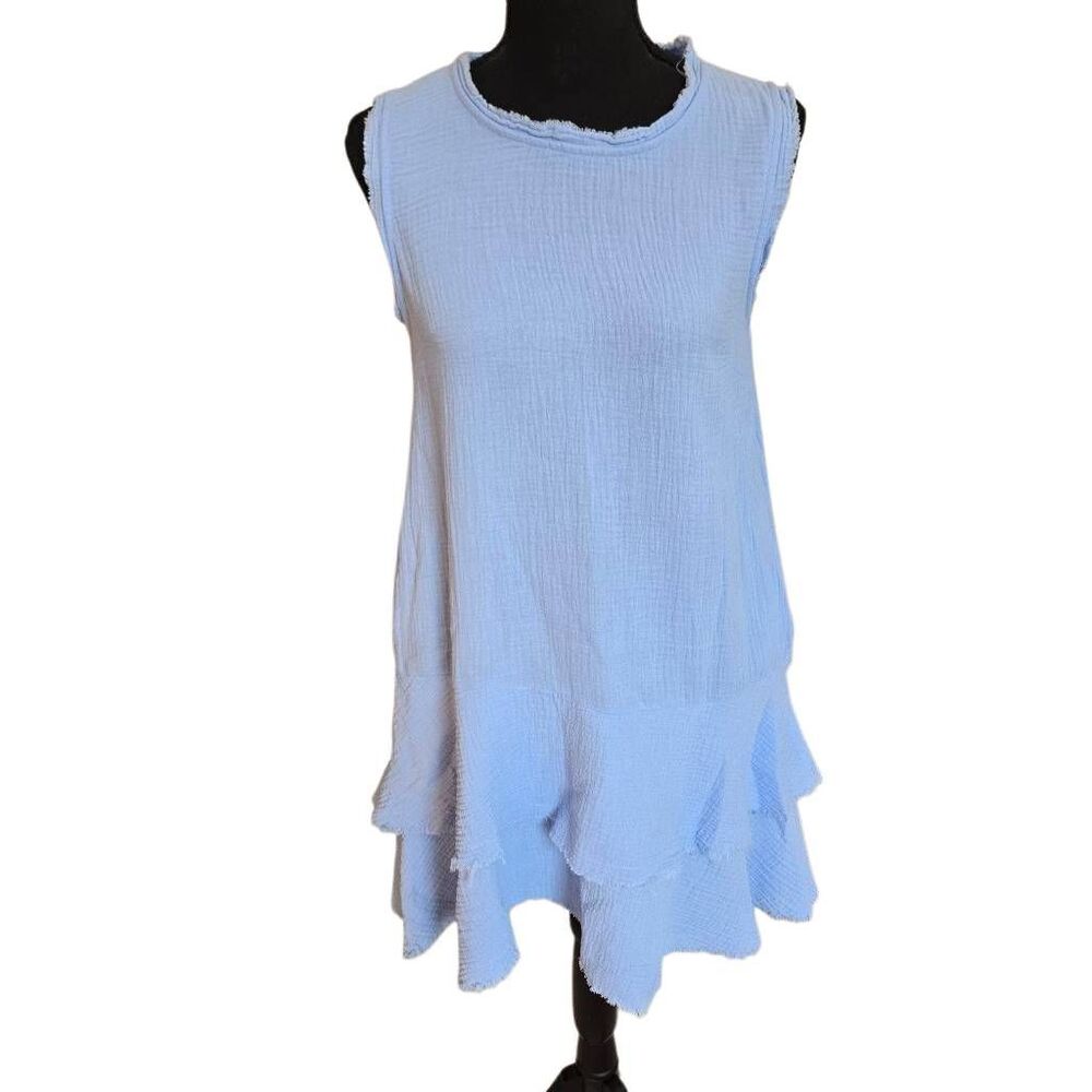 And The Why Womens Gauzy Cotton Frayed Ruffle Tiered Sleeveless Dress Blue Small